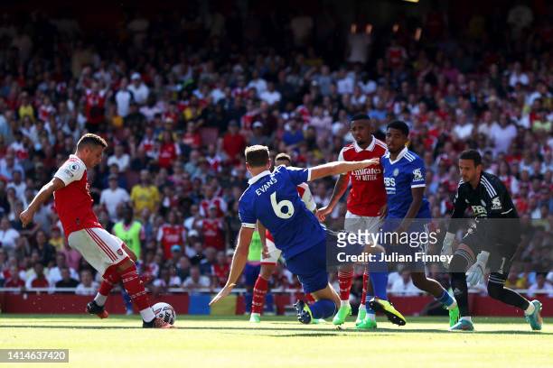 Granit Xhaka of Arsenal scores their side's third goal during the Premier League match between Arsenal FC and Leicester City at Emirates Stadium on...