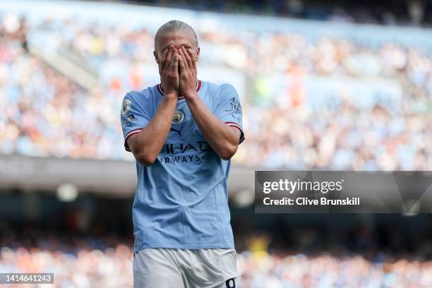 Erling Haaland of Manchester City reacts during the Premier League match between Manchester City and AFC Bournemouth at Etihad Stadium on August 13,...