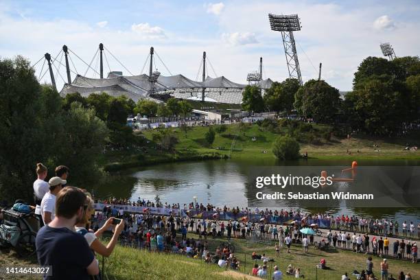 General view as spectators watch athletes compete in the cycling stage during the Elite Men's Triathlon competition on day 3 of the European...