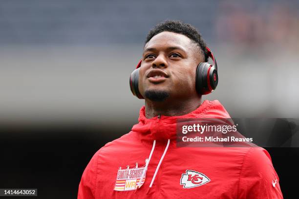 JuJu Smith-Schuster of the Kansas City Chiefs warms up prior to a preseason game against the Chicago Bears at Soldier Field on August 13, 2022 in...