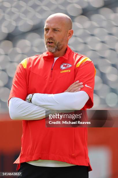 Senior offensive assistant and quarterbacks coach Matt Nagy looks on prior to a preseason game against the Chicago Bears at Soldier Field on August...