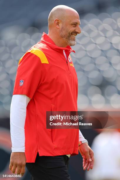 Senior offensive assistant and quarterbacks coach Matt Nagy looks on prior to a preseason game against the Chicago Bears at Soldier Field on August...