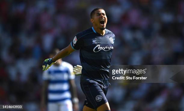 Goalkeeper Seny Dieng celebrates after scoring the second QPR goal during the Sky Bet Championship between Sunderland and Queens Park Rangers at...