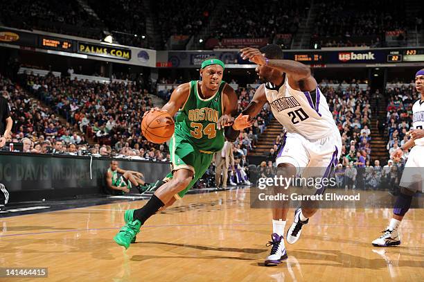 Paul Pierce of the Boston Celtics takes the ball to the basket against the Donte Greene of the Sacramento Kings on March 16, 2012 at Power Balance...