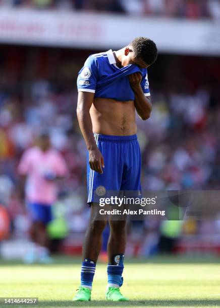 Wesley Fofana of Leicester City looks dejected following their sides defeat in the Premier League match between Arsenal FC and Leicester City at...