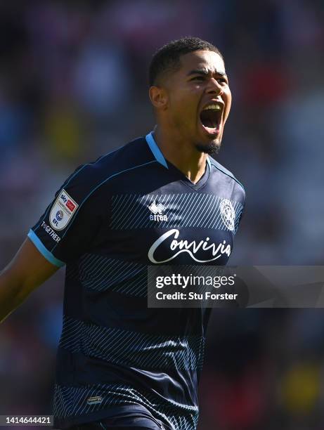 Goalkeeper Seny Dieng celebrates after scoring the second QPR goal during the Sky Bet Championship between Sunderland and Queens Park Rangers at...