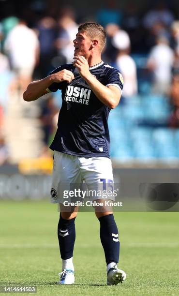 Charlie Cresswell of Millwall applauds the fans after the Sky Bet Championship between Millwall and Coventry City at The Den on August 13, 2022 in...