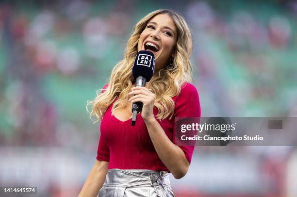 Diletta Leotta of DAZN smiles during the Serie A match between AC MIlan and Udinese Calcio at Stadio Giuseppe Meazza on August 13, 2022 in Milan,...