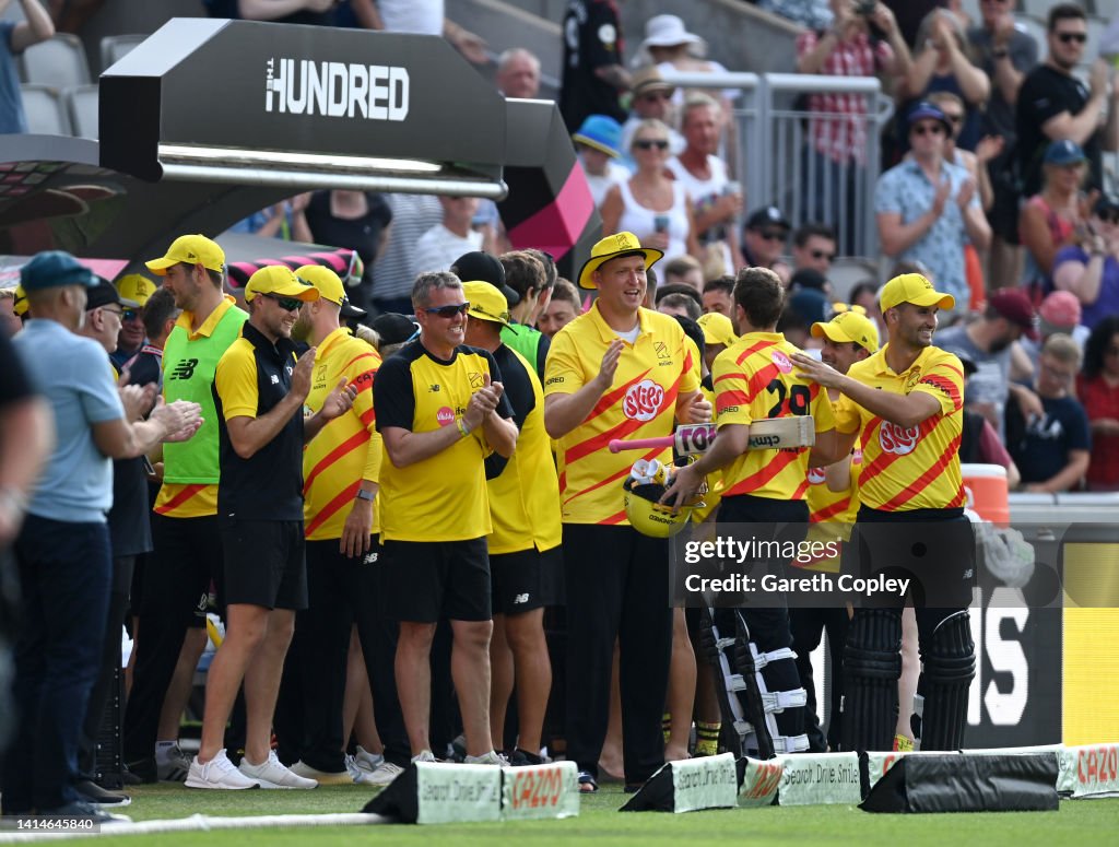 Sport England Rockets Dawid Malan of Trent Rockets is congratulated by teammates as he ...