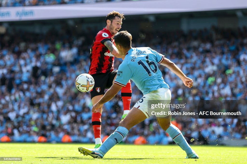 Afc Block Rodri of Manchester City blocks Adam Smith of Bournemouth shot during ...