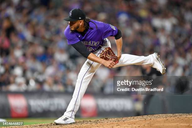 Dinelson Lamet of the Colorado Rockies pitches against the Arizona Diamondbacks in the serventh inning of a game at Coors Field on August 12, 2022 in...