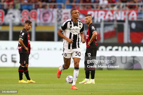 Rodrigo Becao of Udinese Calcio looks on after scoring their sides first goal during the Serie A match between AC MIlan and Udinese Calcio at Stadio...