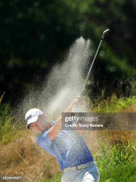 Maverick McNealy of the United States plays a shot from a bunker on the second hole during the third round of the FedEx St. Jude Championship at TPC...