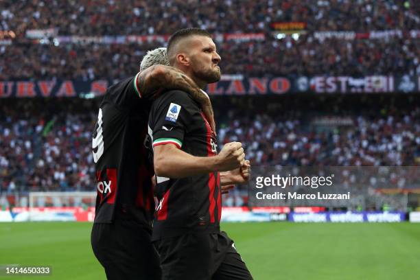 Ante Rebic of AC Milan celebrates after scoring their sides second goal during the Serie A match between AC MIlan and Udinese Calcio at Stadio...