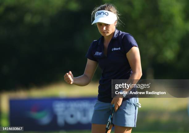 Amanda Doherty of The United States celebrates her birdie on the 18th hole during Day Three of the ISPS Handa World Invitational presented by AVIV...