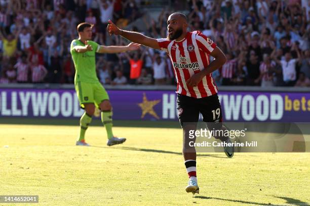 Bryan Mbeumo of Brentford celebrates after scoring their side's fourth goal during the Premier League match between Brentford FC and Manchester...