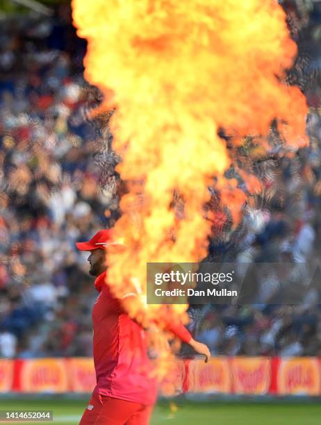 Ben Duckett of Welsh Fire makes his way out to field during the Hundred match between Welsh Fire Men and Birmingham Phoenix Men at Sophia Gardens on...