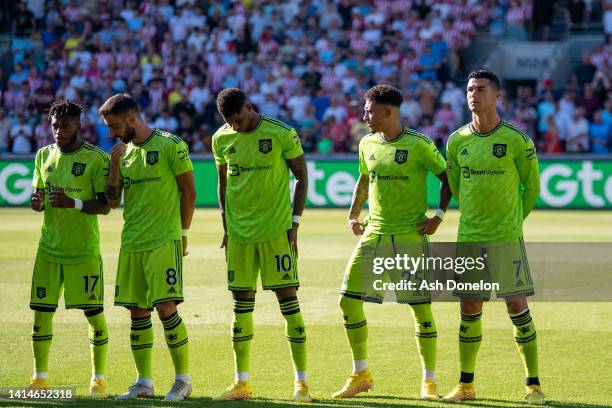 Fred, Bruno Fernandes, Marcus Rashford, Jadon Sancho and Cristiano Ronaldo of Manchester United line up ahead of the Premier League match between...