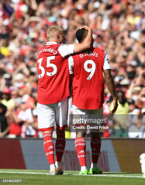 Gabriel Jesus celebrates scoring Arsenal's 1st goal with Oleksandr Zinchenko during the Premier League match between Arsenal FC and Leicester City at...