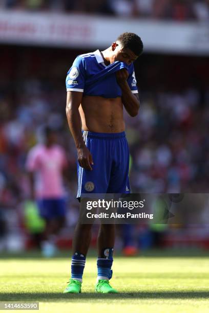 Wesley Fofana of Leicester City reacts at full-time during the Premier League match between Arsenal FC and Leicester City at Emirates Stadium on...