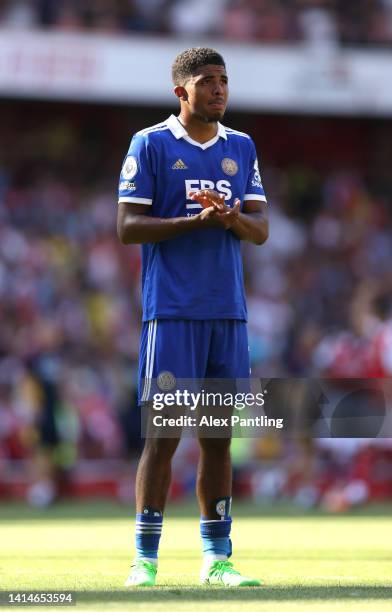 Wesley Fofana of Leicester City reacts at full-time during the Premier League match between Arsenal FC and Leicester City at Emirates Stadium on...