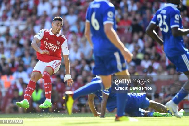 Gabriel Martinelli scores Arsenal's 4th goal during the Premier League match between Arsenal FC and Leicester City at Emirates Stadium on August 13,...