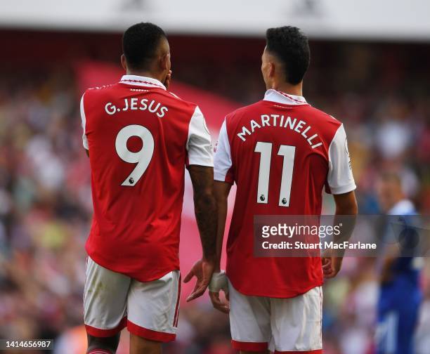 Gabriel Jesus and Gabriel Martinelli of Arsenal during the Premier League match between Arsenal FC and Leicester City at Emirates Stadium on August...