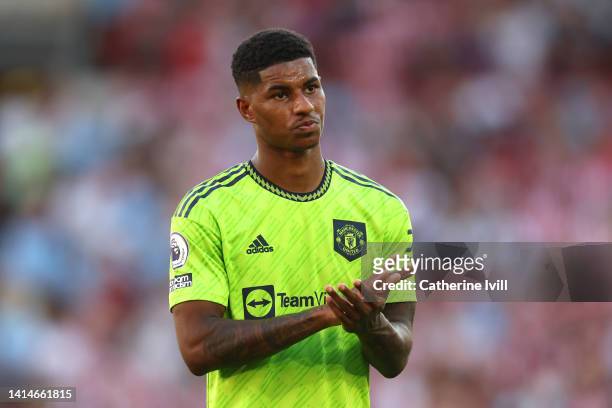 Marcus Rashford of Manchester United applauds fans following their sides defeat after the Premier League match between Brentford FC and Manchester...