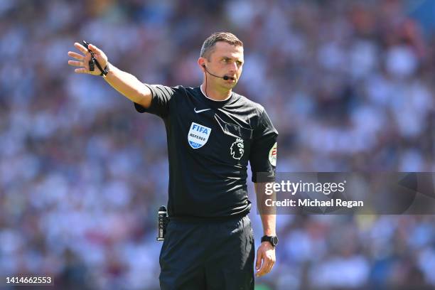 Referee Michael Oliver looks on during the Premier League match between Aston Villa and Everton FC at Villa Park on August 13, 2022 in Birmingham,...