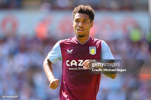 Boubacar Kamara of Aston Villa in action during the Premier League match between Aston Villa and Everton FC at Villa Park on August 13, 2022 in...