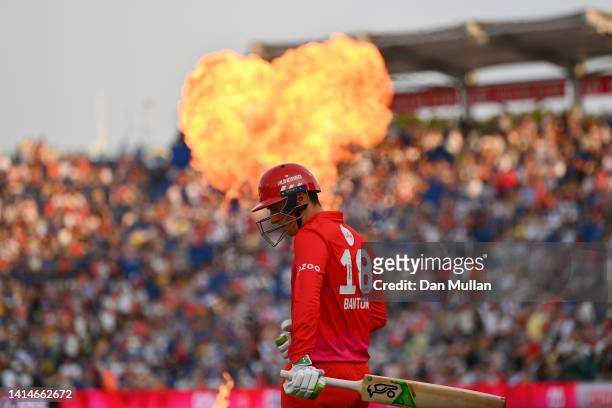 Tom Banton of Welsh Fire makes his way out to bat during the Hundred match between Welsh Fire Men and Birmingham Phoenix Men at Sophia Gardens on...