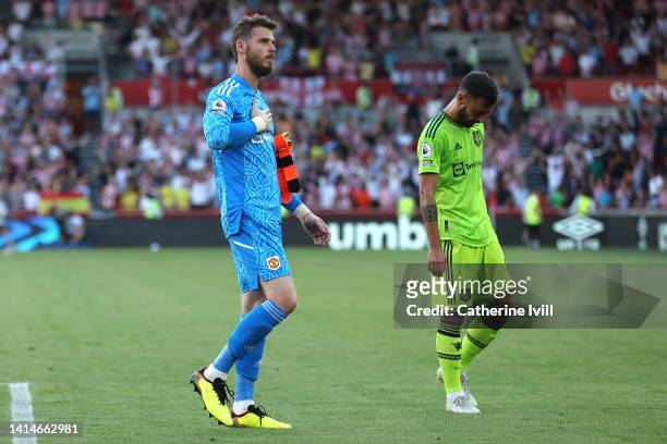 David De Gea of Manchester United acknowledges fans following their sides defeat in the Premier League match between Brentford FC and Manchester...