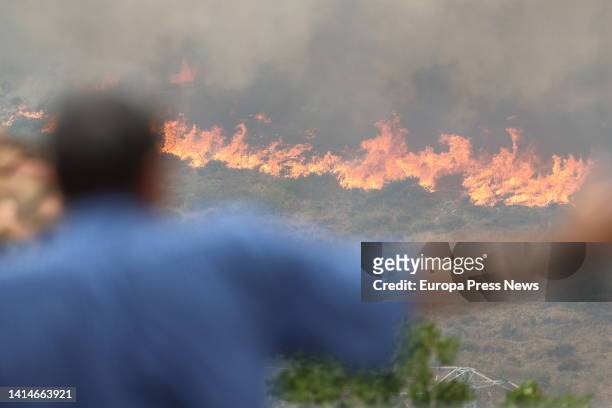 Residents watch the fire from a distance on August 13 in Añon de Moncayo, Zaragoza, Aragon, Spain. A fire declared this Saturday in the municipality...