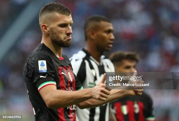 Ante Rebic of AC Milan gestures during the Serie A match between AC MIlan and Udinese Calcio at Stadio Giuseppe Meazza on August 13, 2022 in Milan, .