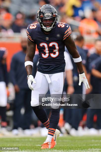 Jaylon Johnson of the Chicago Bears in action against the Kansas City Chiefs during the first half of the preseason game at Soldier Field on August...