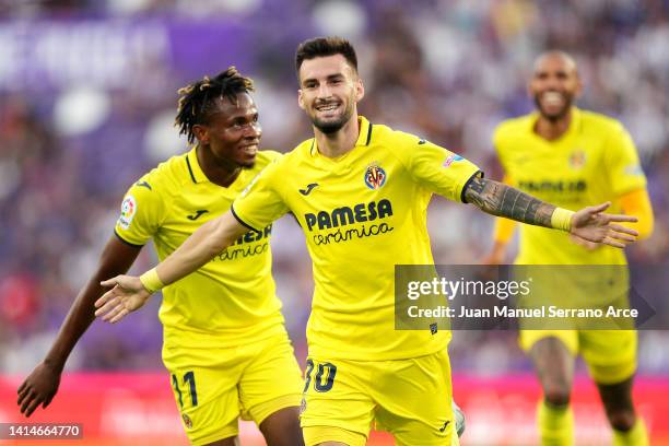 Alex Baena of Villareal CF celebrates after scoring their sides third goal during the LaLiga Santander match between Real Valladolid CF and...