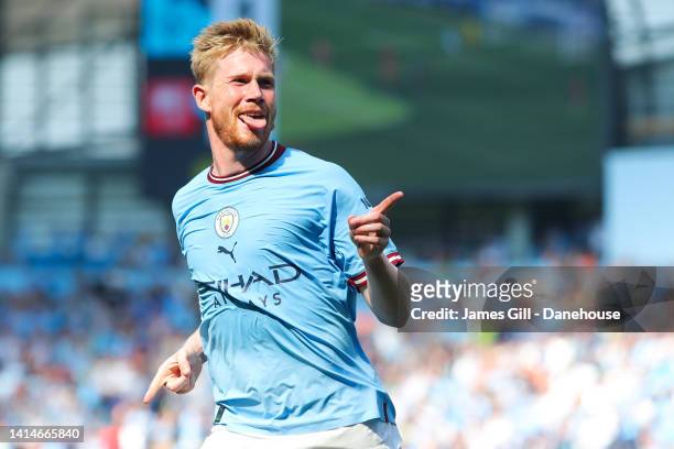 Kevin De Bruyne of Manchester City celebrates after scoring his side's second goal during the Premier League match between Manchester City and AFC...