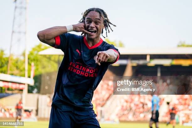 Xavi Simons of PSV celebrates after scoring his sides second goal during the Dutch Eredivisie match between Go Ahead Eagles and PSV at De...