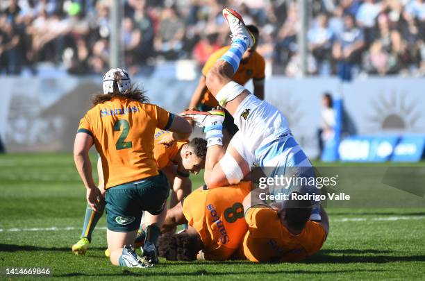 Matias Alemanno of Argentina is tackled by Rob Valetini of Australia during a Rugby Championship match between Argentina Pumas and Australian...
