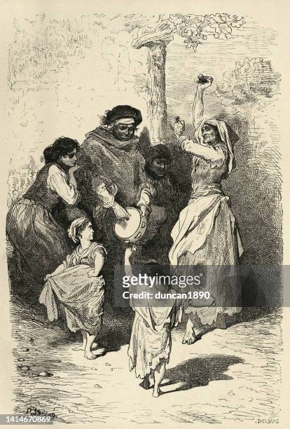 dance of romani children at sacromonte, granada, spain, illustrated by gustave dore 19th century - traditional musician stock illustrations