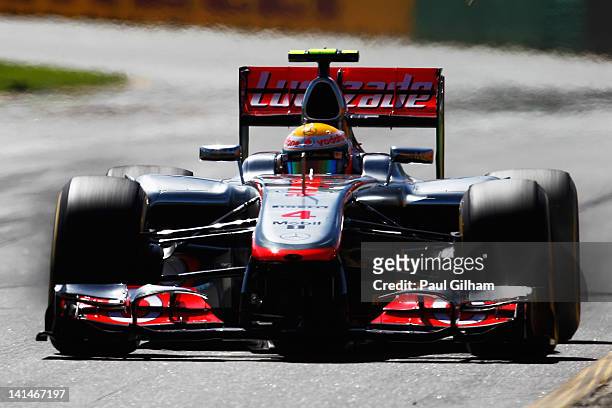 Lewis Hamilton of Great Britain and McLaren drives during the final practice session prior to qualifying for the Australian Formula One Grand Prix at...