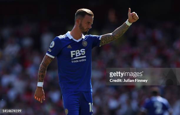 James Maddison of Leicester City gestures during the Premier League match between Arsenal FC and Leicester City at Emirates Stadium on August 13,...