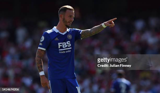 James Maddison of Leicester City gestures during the Premier League match between Arsenal FC and Leicester City at Emirates Stadium on August 13,...