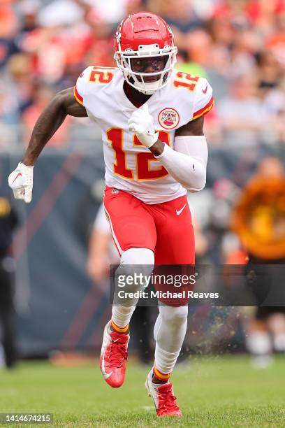 Josh Gordon of the Kansas City Chiefs in action against the Chicago Bears during the second half of the preseason game at Soldier Field on August 13,...