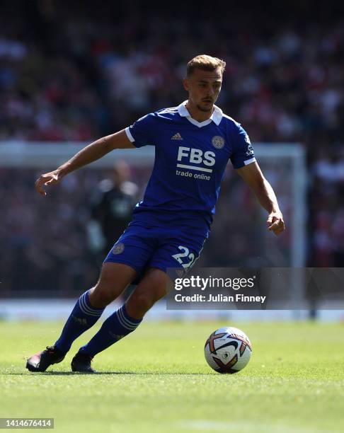 Kiernan Dewsbury-Hall of Leicester City in action during the Premier League match between Arsenal FC and Leicester City at Emirates Stadium on August...