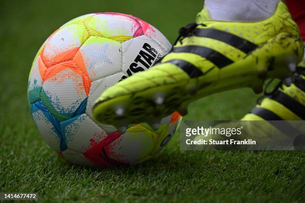 The new colourful official ball of the Bundesliga during the Bundesliga match between RB Leipzig and 1. FC Köln at Red Bull Arena on August 13, 2022...