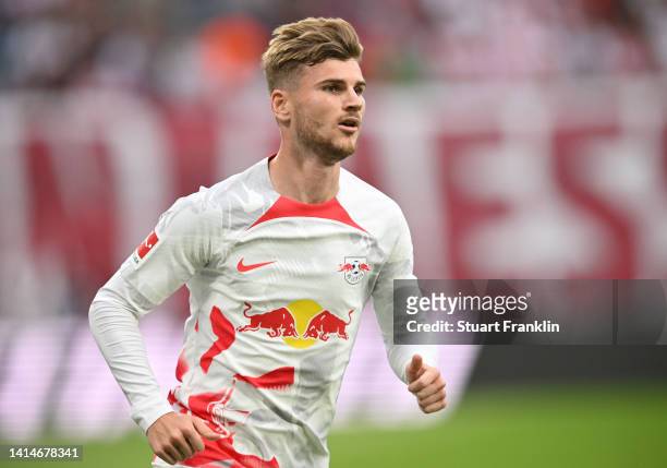 Timo Werner of Leipzig in action during the Bundesliga match between RB Leipzig and 1. FC Köln at Red Bull Arena on August 13, 2022 in Leipzig,...