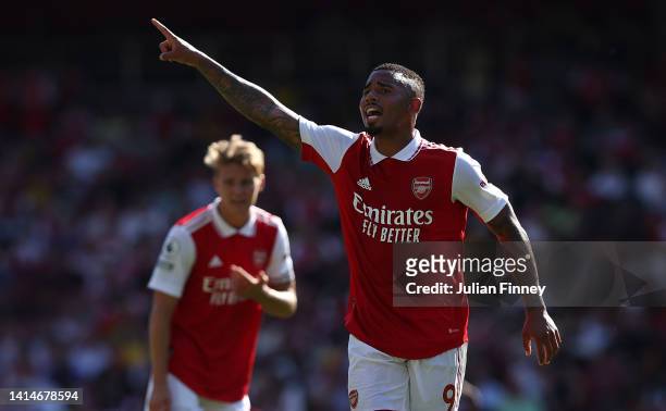 Gabriel Jesus of Arsenal in action during the Premier League match between Arsenal FC and Leicester City at Emirates Stadium on August 13, 2022 in...
