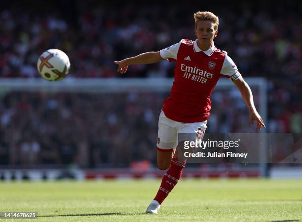 Martin Odegaard of Arsenal during the Premier League match between Arsenal FC and Leicester City at Emirates Stadium on August 13, 2022 in London,...