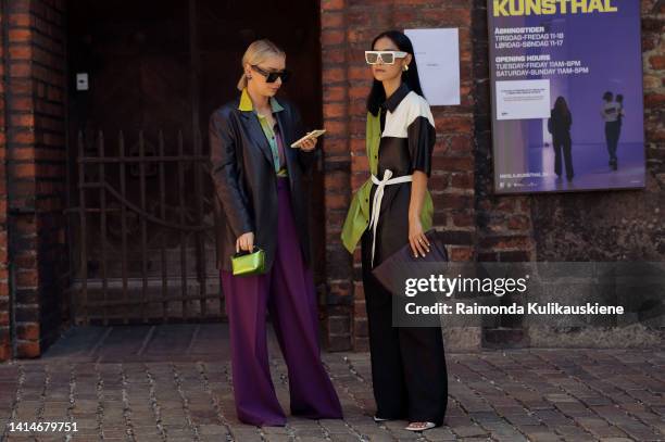 Justyna Czerniak wearing long wide purple pants, green, yellow and purple shirts, black sunglasses and green metal look leather bag and Pornwika...